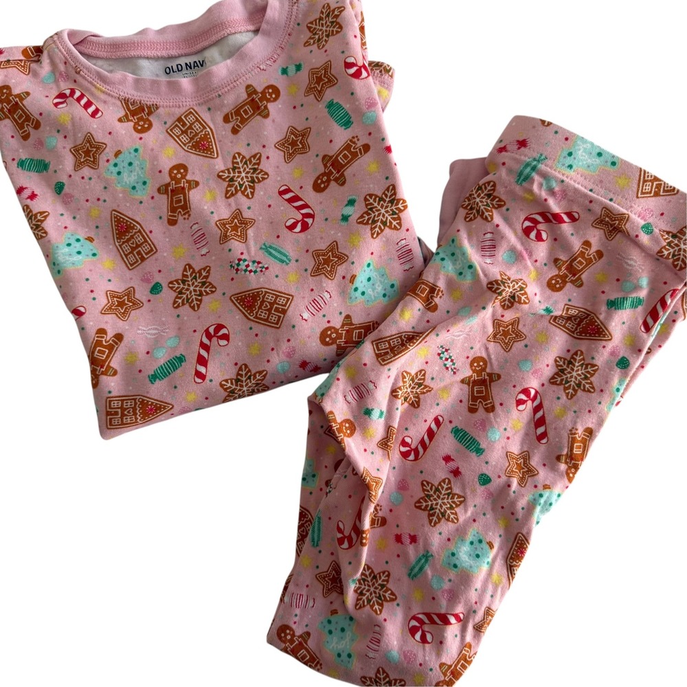 OLD NAVY Girls Pink Candied Gingerbread Long Sleeve Snug 2pc Pajama Set, 12